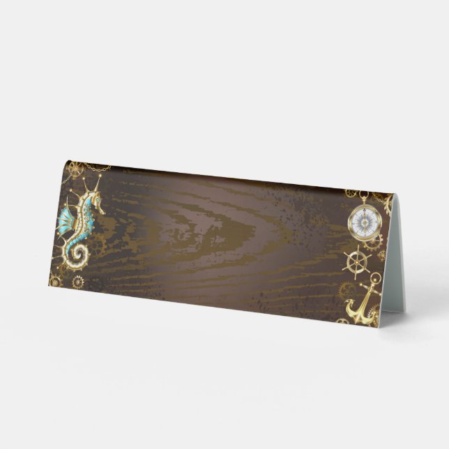 Wooden Background with Mechanical Seahorse Table Tent (Front)
