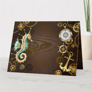 Wooden Background with Mechanical Seahorse Thank You Card