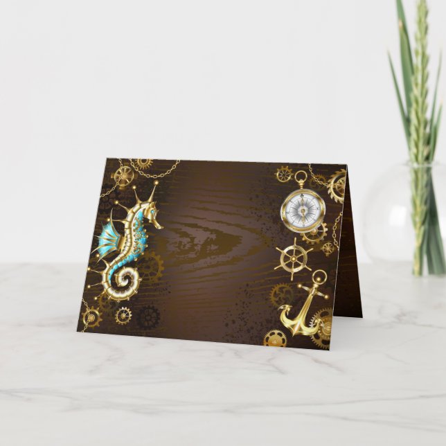Wooden Background with Mechanical Seahorse Thank You Card (Front)