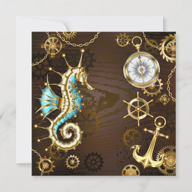 Wooden Background with Mechanical Seahorse Thank You Card (Front)
