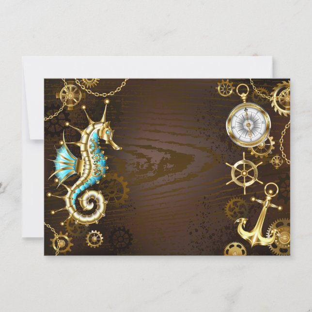 Wooden Background with Mechanical Seahorse Thank You Card (Front)
