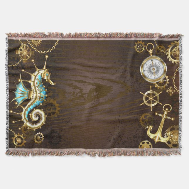 Wooden Background with Mechanical Seahorse Throw Blanket (Front)