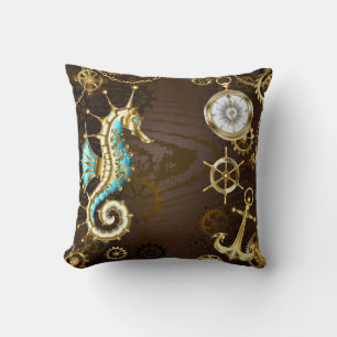 Wooden Background with Mechanical Seahorse Throw Pillow