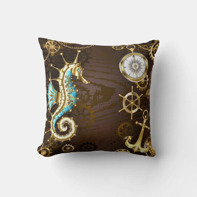 Wooden Background with Mechanical Seahorse Throw Pillow (Front)