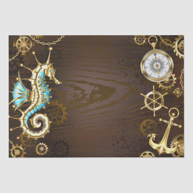 Wooden Background with Mechanical Seahorse Tissue Paper (Front)