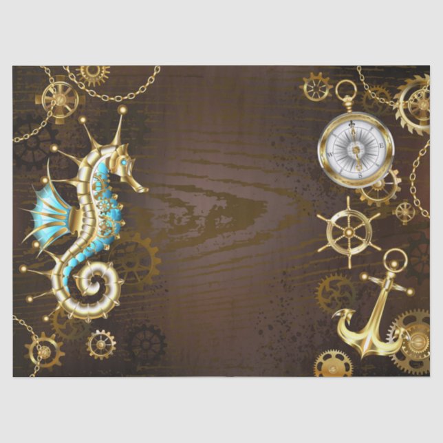 Wooden Background with Mechanical Seahorse Tissue Paper (Front)