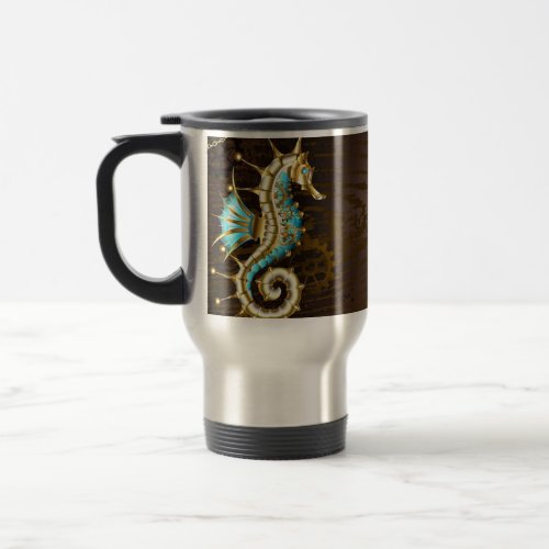 Wooden Background with Mechanical Seahorse Travel Mug
