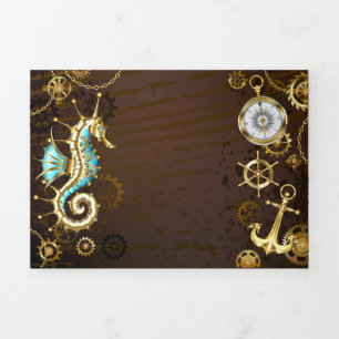 Wooden Background with Mechanical Seahorse Tri-Fold Announcement
