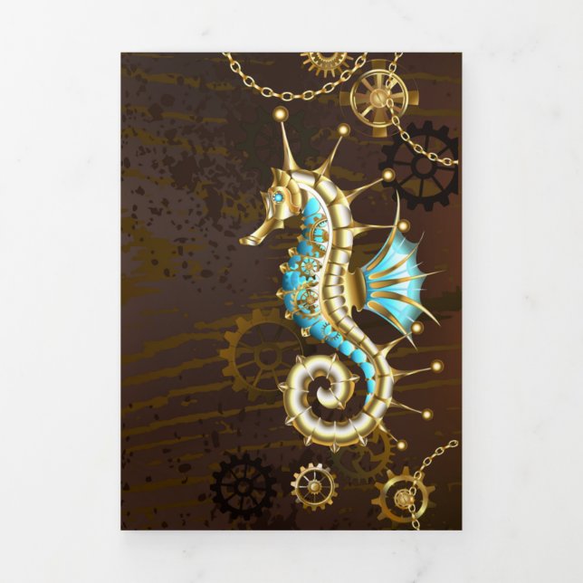 Wooden Background with Mechanical Seahorse Tri-Fold Card (Cover)