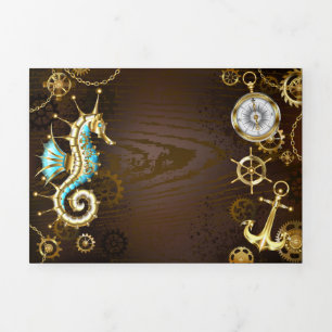 Wooden Background with Mechanical Seahorse Tri-Fold Invitation