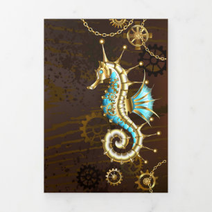Wooden Background with Mechanical Seahorse Tri-Fold Program