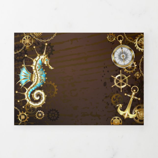 Wooden Background with Mechanical Seahorse Tri-Fold Program (Cover)