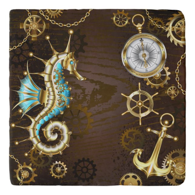 Wooden Background with Mechanical Seahorse Trivet (Front)