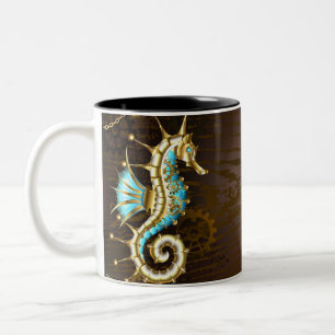 Wooden Background with Mechanical Seahorse Two-Tone Coffee Mug