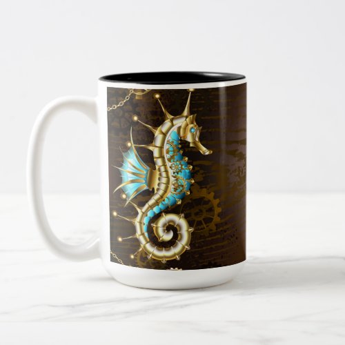 Wooden Background with Mechanical Seahorse Two_Tone Coffee Mug