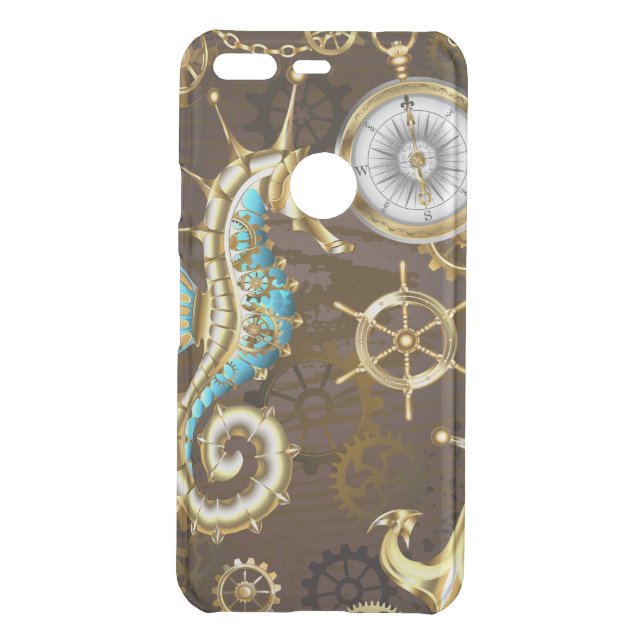 Wooden Background with Mechanical Seahorse Uncommon Google Pixel Case (Back)