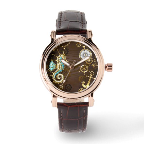 Wooden Background with Mechanical Seahorse Watch