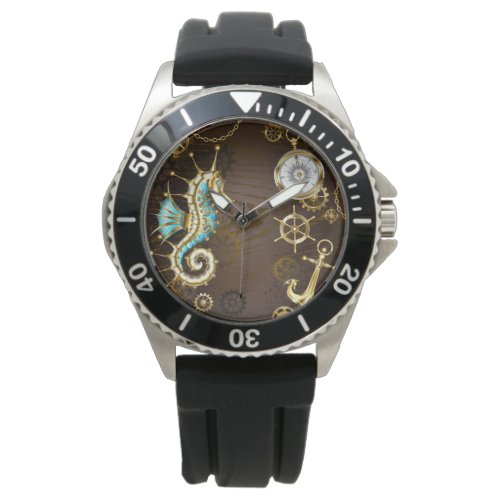 Wooden Background with Mechanical Seahorse Watch