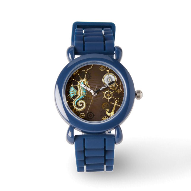 Wooden Background with Mechanical Seahorse Watch (Front)