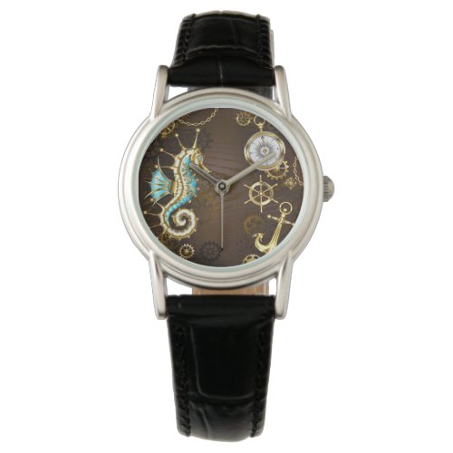 Wooden Background with Mechanical Seahorse Watch
