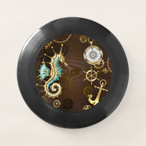Wooden Background with Mechanical Seahorse Wham_O Frisbee