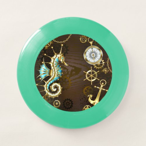 Wooden Background with Mechanical Seahorse Wham_O Frisbee