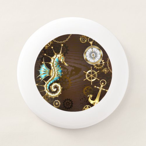 Wooden Background with Mechanical Seahorse Wham_O Frisbee