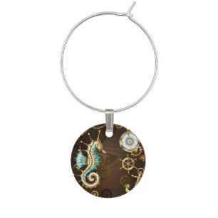 Wooden Background with Mechanical Seahorse Wine Charm