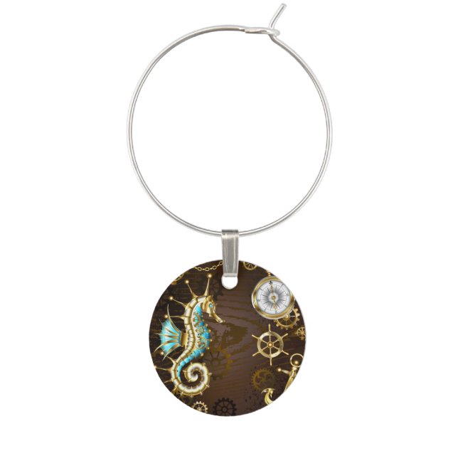 Wooden Background with Mechanical Seahorse Wine Charm (Front)