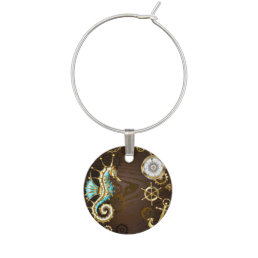 Wooden Background with Mechanical Seahorse Wine Charm