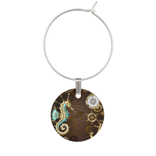 Wooden Background with Mechanical Seahorse Wine Charm (First Charm)