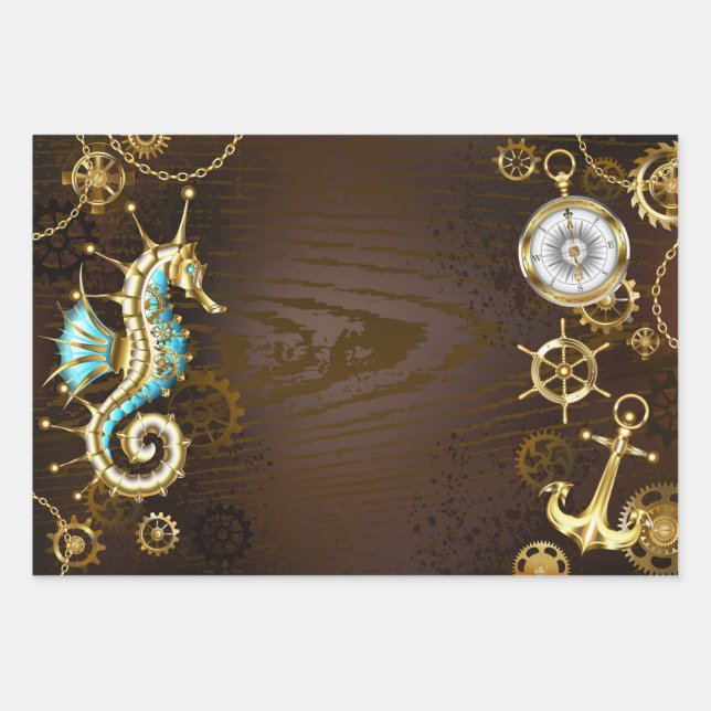 Wooden Background with Mechanical Seahorse Wrapping Paper Sheets (Front)