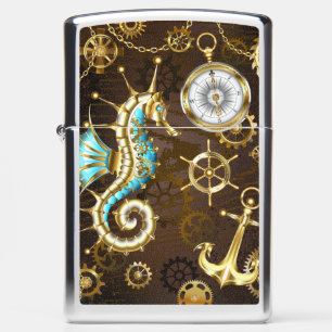 Wooden Background with Mechanical Seahorse Zippo Lighter