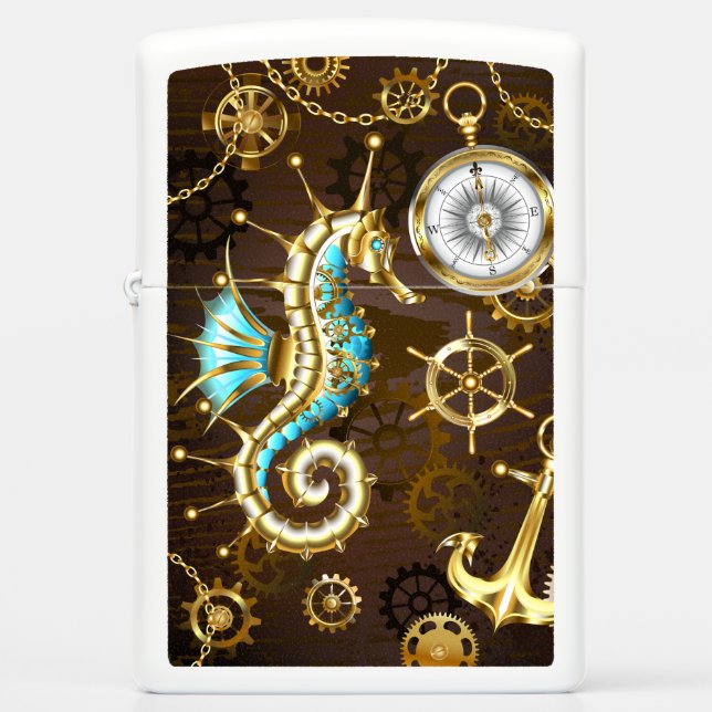 Wooden Background with Mechanical Seahorse Zippo Lighter (Front)