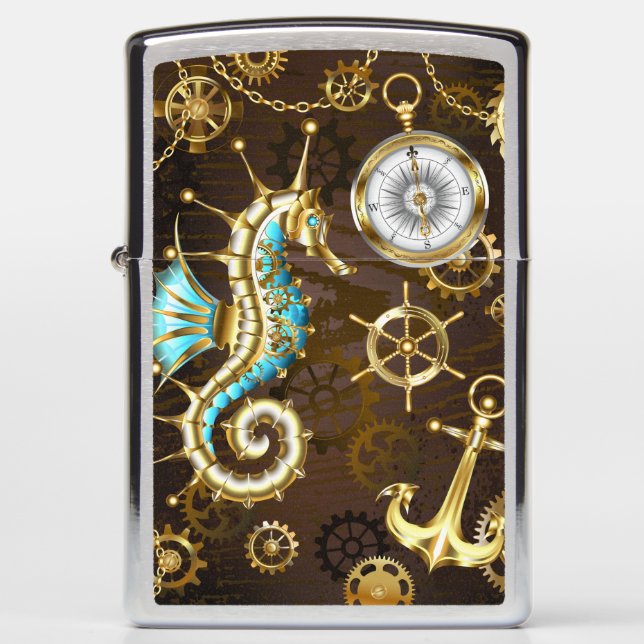 Wooden Background with Mechanical Seahorse Zippo Lighter (Front)