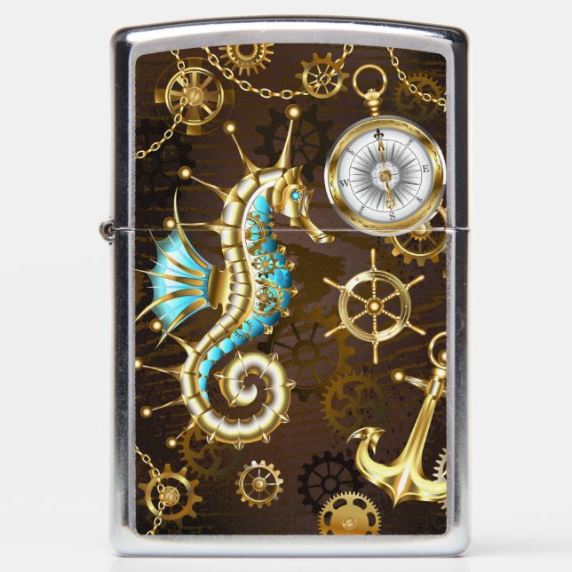 Wooden Background with Mechanical Seahorse Zippo Lighter (Front)