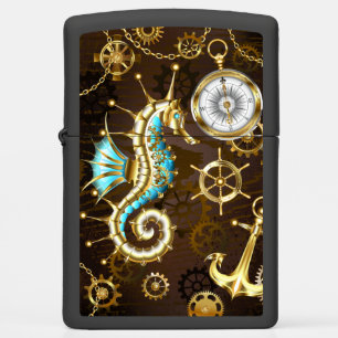 Wooden Background with Mechanical Seahorse Zippo Lighter