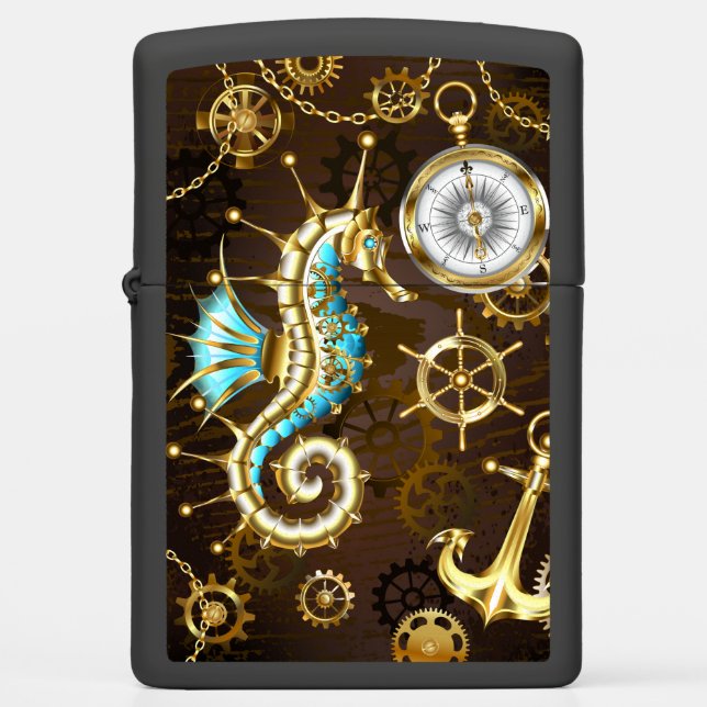 Wooden Background with Mechanical Seahorse Zippo Lighter (Front)