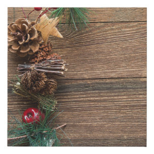 wooden background with pine cones faux canvas print