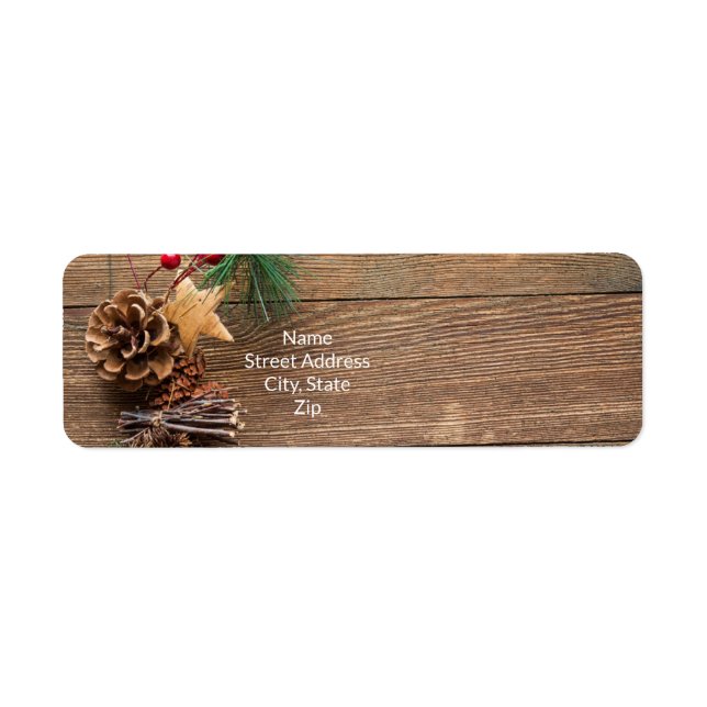wooden background with pine cones label (Front)