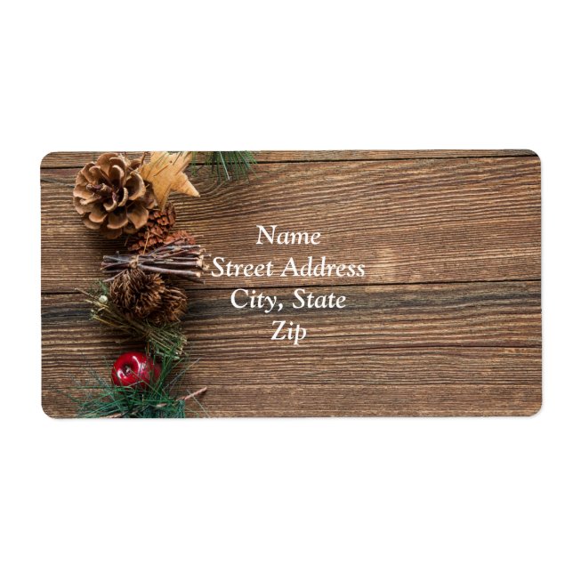 wooden background with pine cones label (Front)