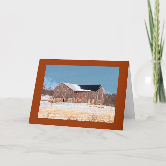 Wooden Barn with Snow and Crop Stalks Card (Front)