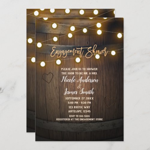 Wooden Barrel Carved Heart Light Engagement Shower Invitation