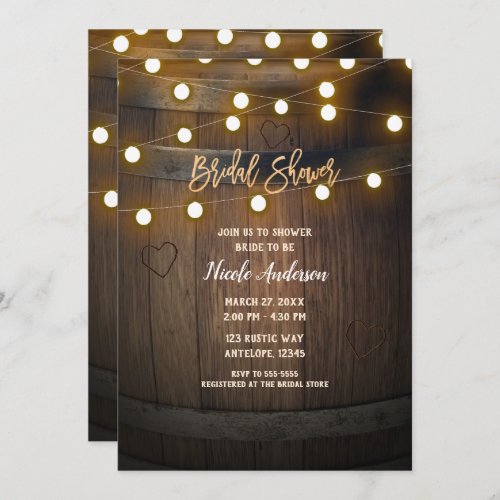 Wooden Barrel Carved Heart Lights Bridal Shower Invitation