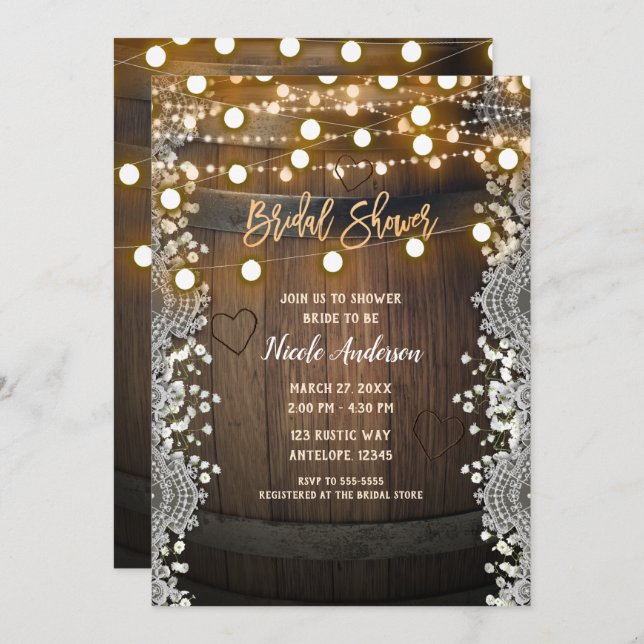 Wooden Barrel Carved Heart Lights Bridal Shower Invitation (Front/Back)