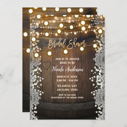 Wooden Barrel Carved Heart Lights Bridal Shower Invitation