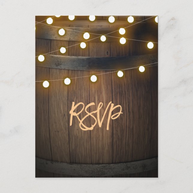 Wooden Barrel Carved Heart Lights Rustic RSVP Invitation Postcard (Front)
