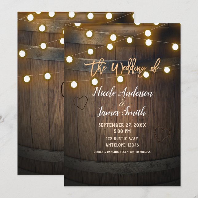 Wooden Barrel Carved Heart & Lights Rustic Wedding Invitation (Front/Back)