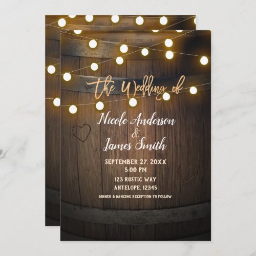 Wooden Barrel Carved Heart  Lights Rustic Wedding Invitation