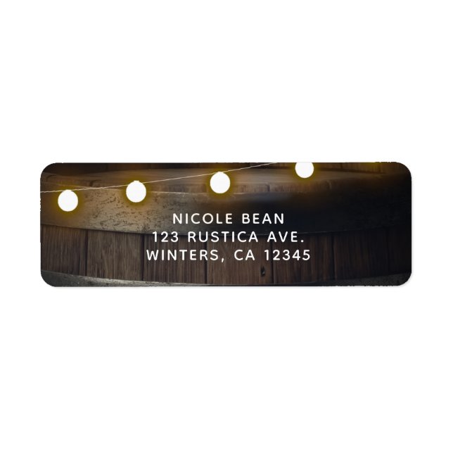 Wooden Barrel Carved Heart Lights Rustic Wedding Label (Front)